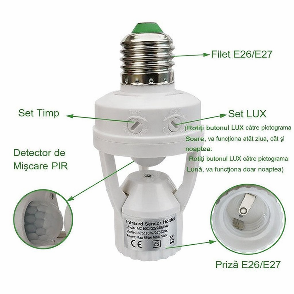 Soclu inteligent cu dulie și senzor de mișcare PIR